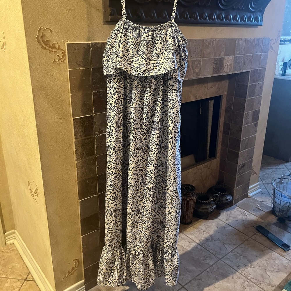Motherhood Maternity White/Navy Print Strapless Dress W/ Ruffles MINT Condition